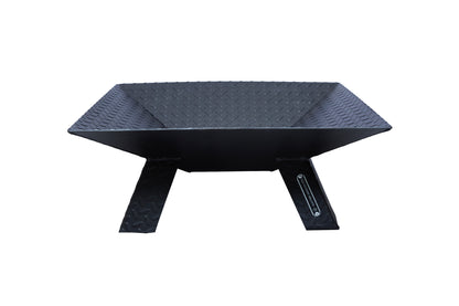Diamond Plate Fire Pit in black steel with inverted square pyramid bowl and heavy-duty tread pattern legs.