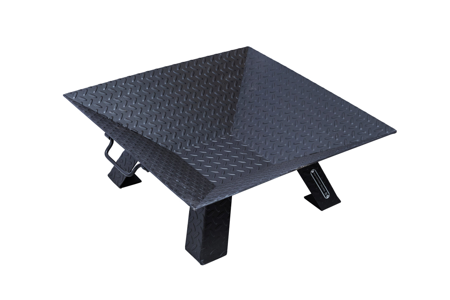 Diamond Plate Fire Pit in black steel with inverted square pyramid bowl and heavy-duty tread pattern legs.