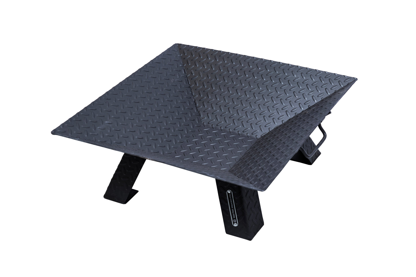 Diamond Plate Fire Pit in black steel with inverted square pyramid bowl and heavy-duty tread pattern legs.