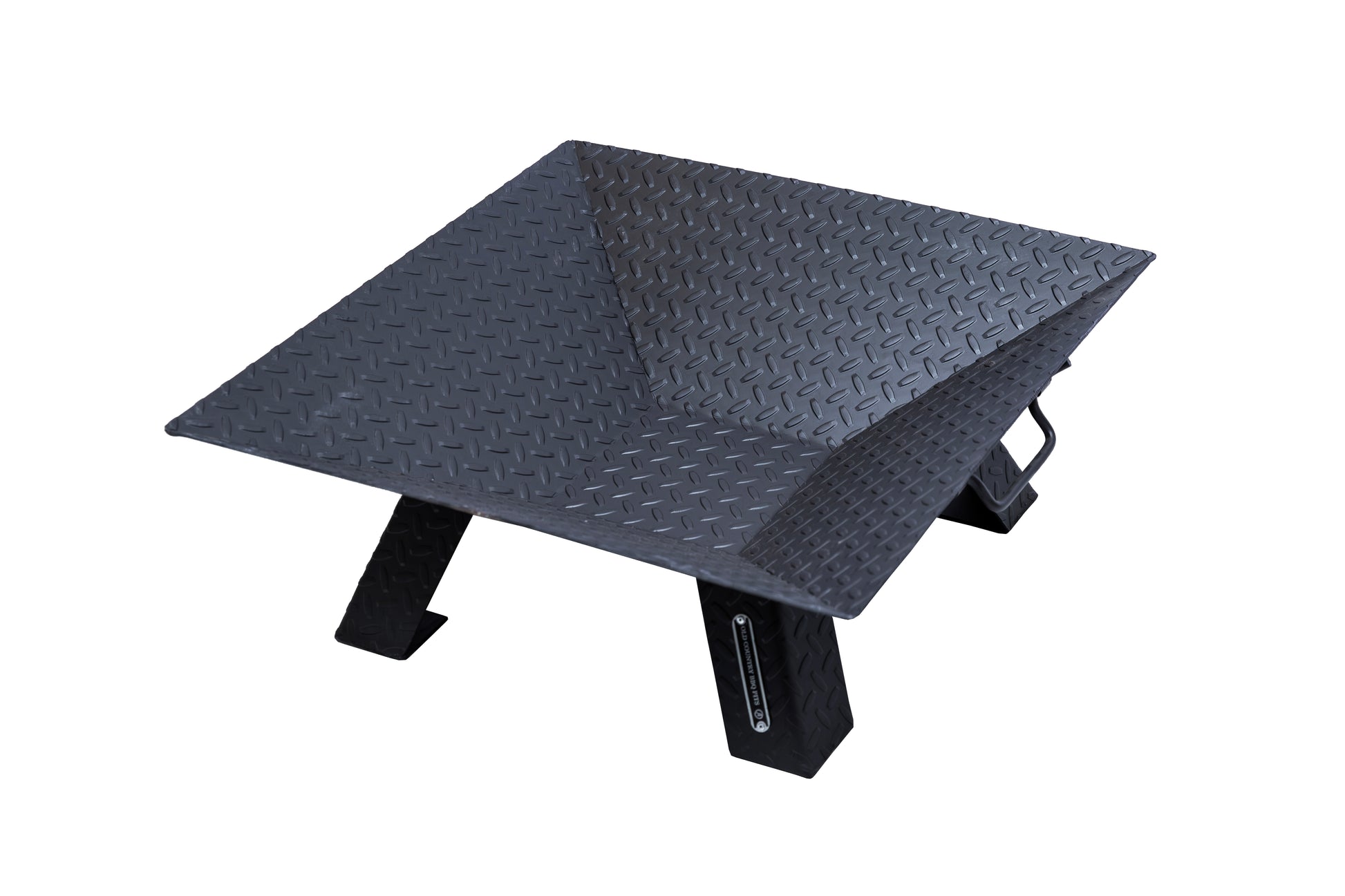 Diamond Plate Fire Pit in black steel with inverted square pyramid bowl and heavy-duty tread pattern legs.