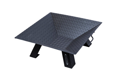 Diamond Plate Fire Pit in black steel with inverted square pyramid bowl and heavy-duty tread pattern legs.