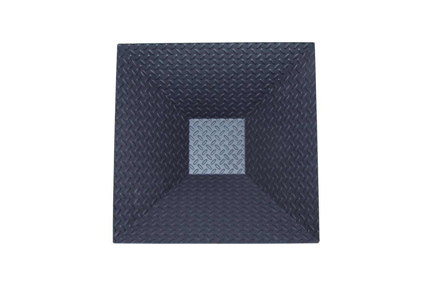Diamond Plate Fire Pit in black steel with inverted square pyramid bowl and heavy-duty tread pattern legs.