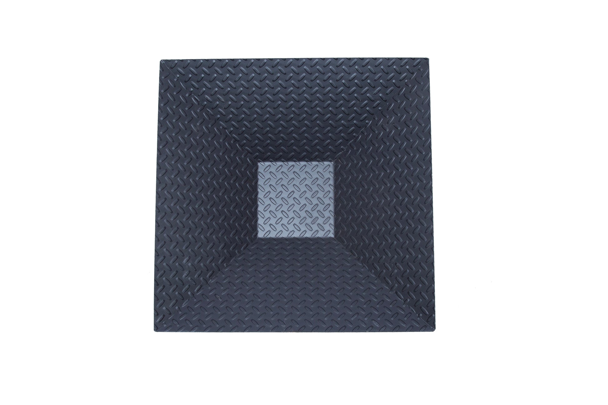 Diamond Plate Fire Pit in black steel with inverted square pyramid bowl and heavy-duty tread pattern legs.
