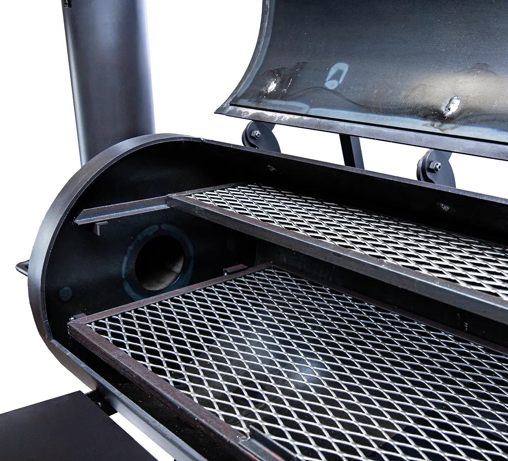 Old Country BBQ Pits Brazos DLX Offset BBQ Smoker smokestack at cooking grate level