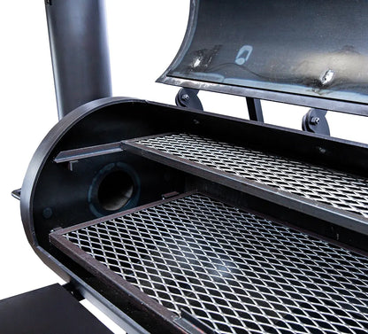 Old Country BBQ Pits Brazos DLX Offset BBQ Smoker smokestack at cooking grate level