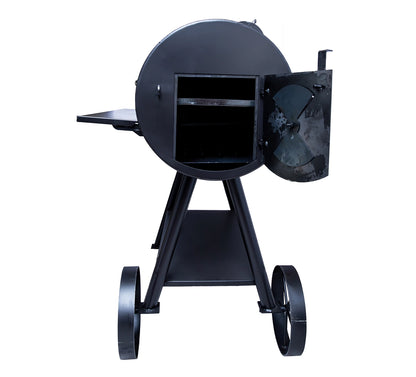 Old Country BBQ Pits Cantina XXL Charcoal Grill, side open charcoal lid.