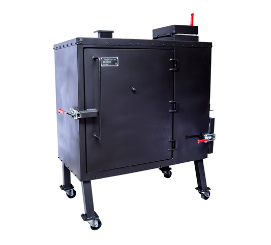 Old Country BBQ Pits Insulated Gravity Fed BBQ Smoker Closed Door.