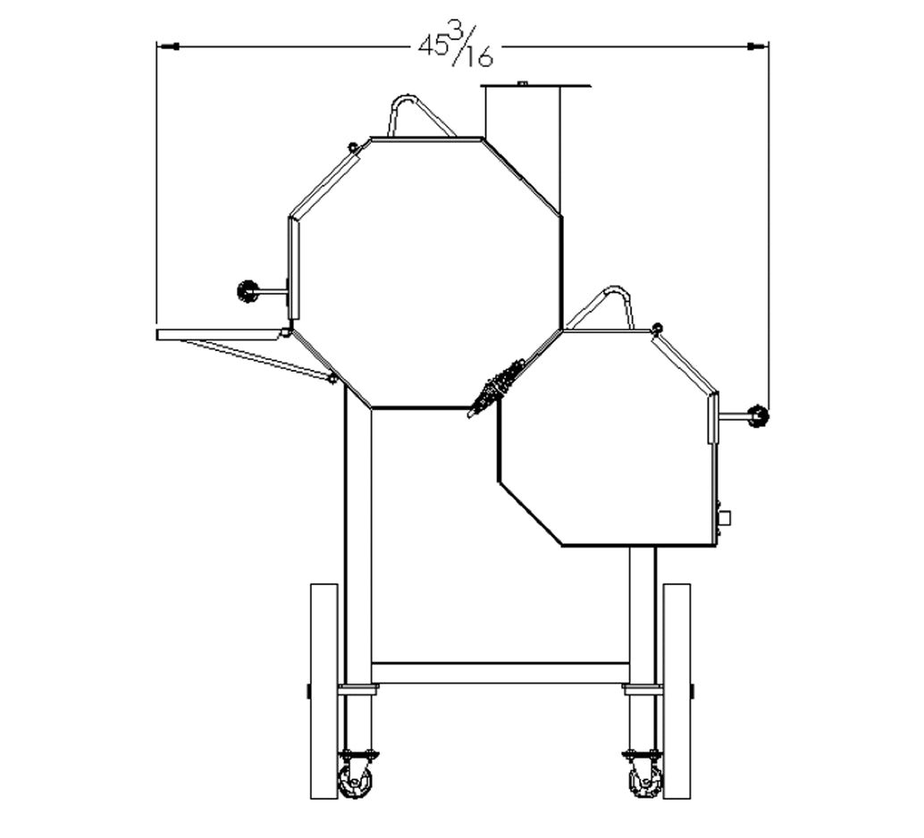 Old_Country_BBQ_Pits_Over_and_Under_BBQ_Smoker_Lids_Closed_side_view, drawing with dimensions