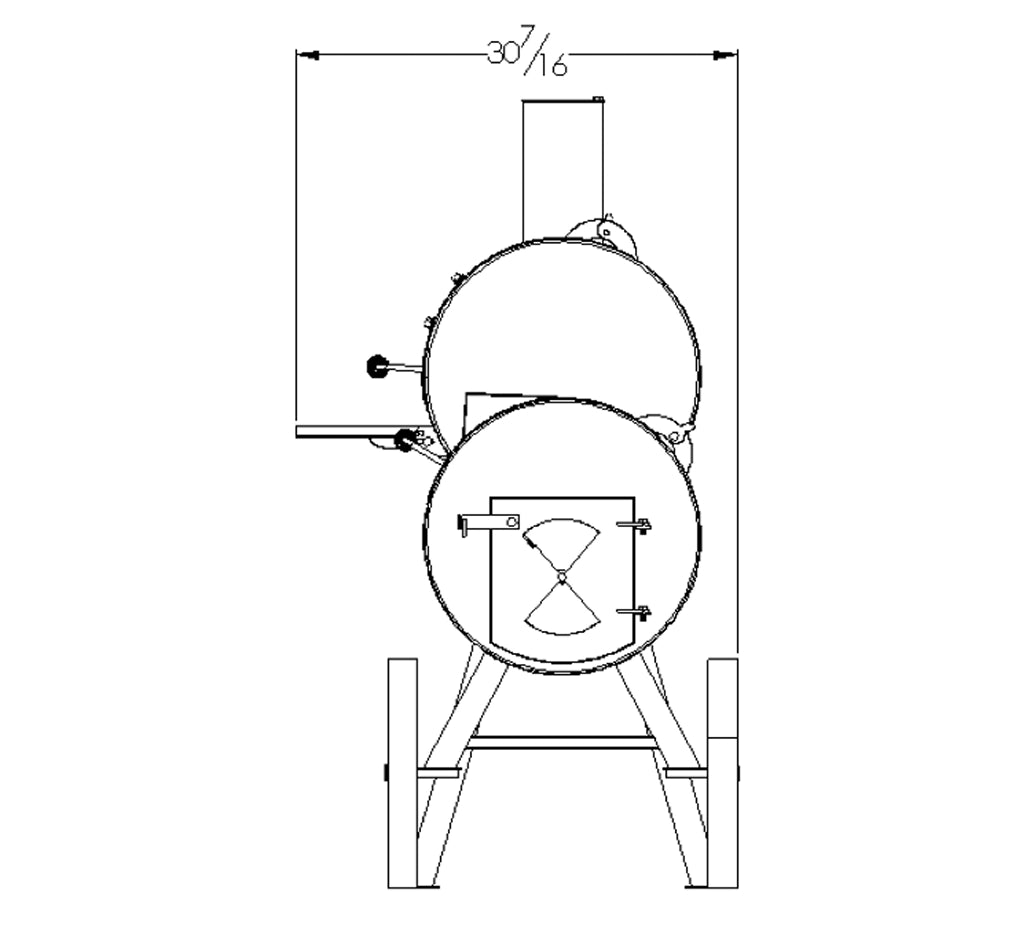 Old Country BBQ Pits Pecos Offset BBQ Smoker, side view drawing with dimensions.