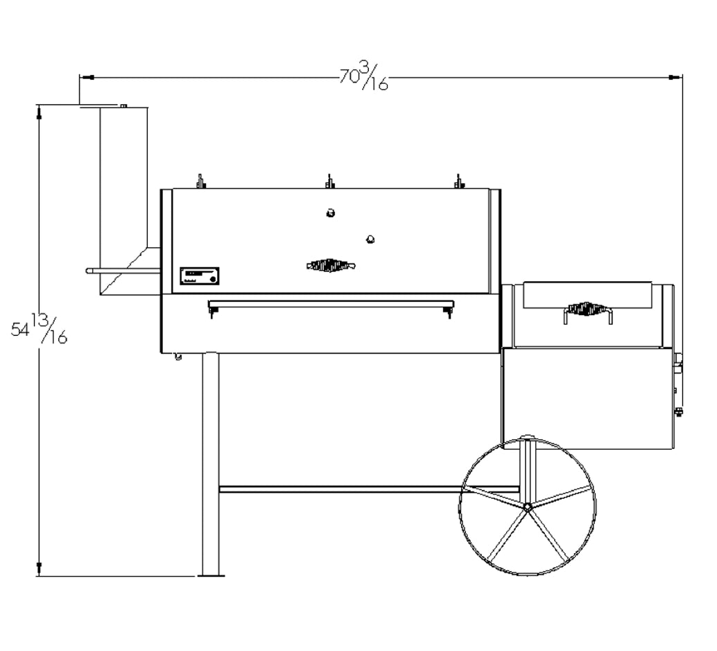 Old Country BBQ Pits Pecos Offset BBQ Smoker, front view drawing with dimensions.