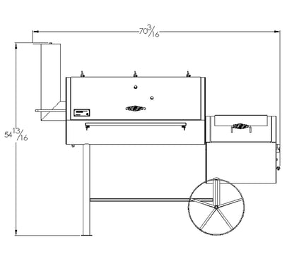 Old Country BBQ Pits Pecos Offset BBQ Smoker, front view drawing with dimensions.