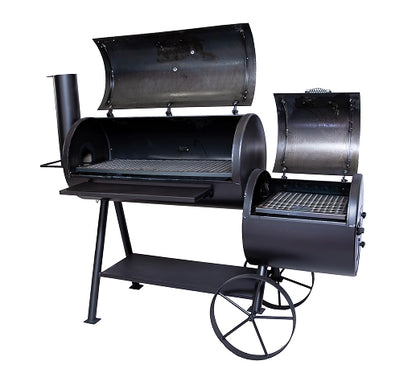 Old Country BBQ Pits Pecos Offset BBQ Smoker, front view with lids open.