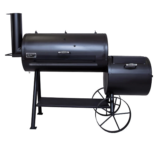 Old Country BBQ Pits Pecos Offset BBQ Smoker, front view with lids closed.