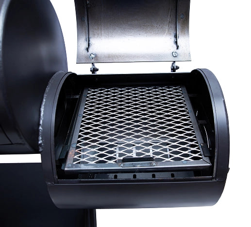 Old Country BBQ Pits Pecos Offset BBQ Smoker, view of firebox cooking grate.