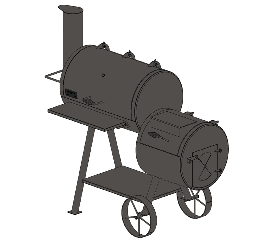 Old Country BBQ Pits Wrangler offset BBQ Smoker, 3d drawing, lids closed.
