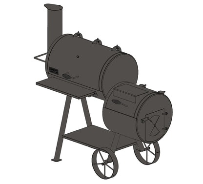 Old Country BBQ Pits Wrangler offset BBQ Smoker, 3d drawing, lids closed.