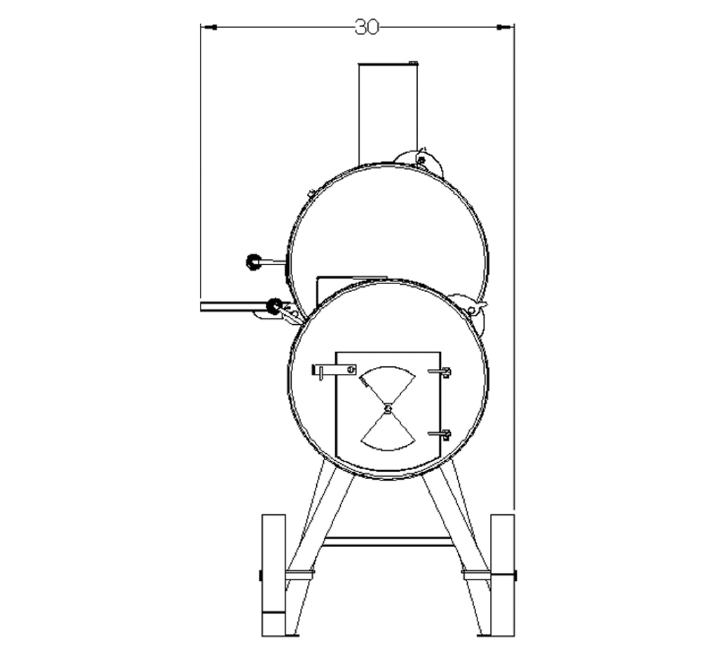 Old Country BBQ Pits Wrangler offset BBQ Smoker, drawing, firebox side view, with dimensions.