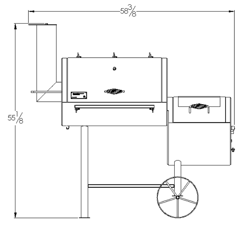 Old Country BBQ Pits Wrangler offset BBQ Smoker, drawing, front view, with dimensions.