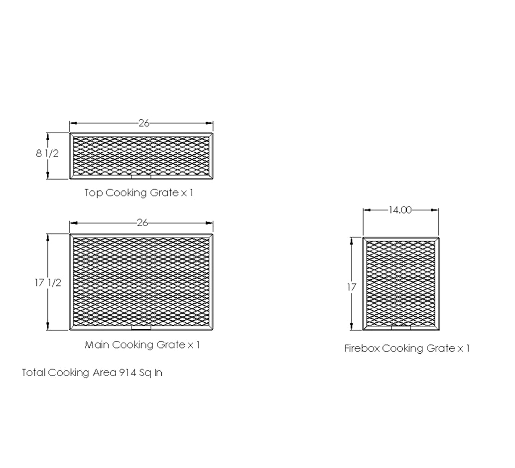 Old Country BBQ Pits Wrangler offset BBQ Smoker, cooking grates drawing, with dimensions.