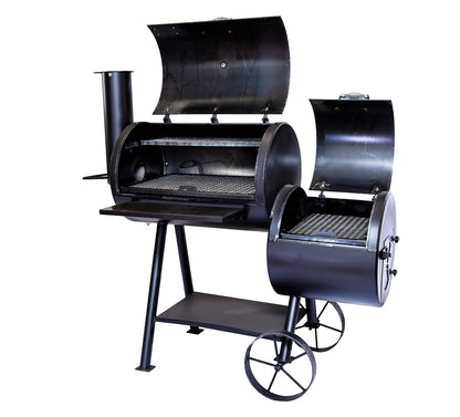 Old Country BBQ Pits Wrangler offset BBQ Smoker, lids open.