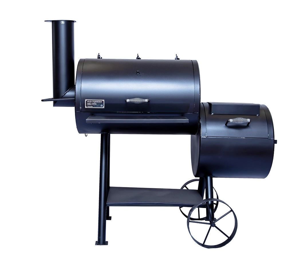 Old Country BBQ Pits Wrangler offset BBQ Smoker, lids closed, front view.