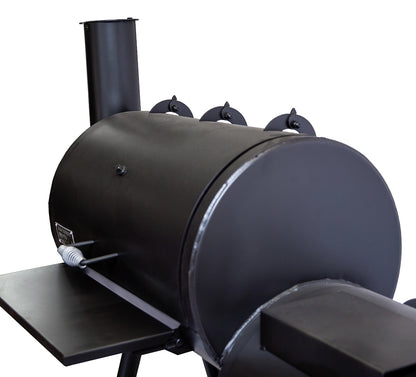 Old Country BBQ Pits Wrangler offset BBQ Smoker, lids closed, partial view.