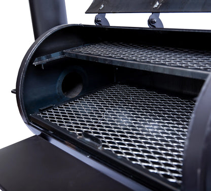 Old Country BBQ Pits Wrangler offset BBQ Smoker, lids open, cooking grates view.