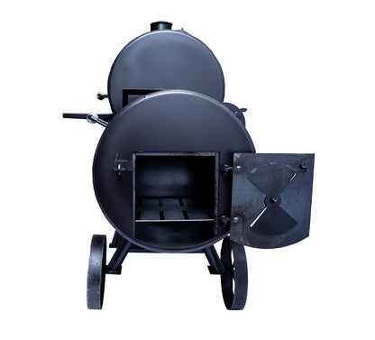 Old Country BBQ Pits Wrangler offset BBQ Smoker, firebox side view.