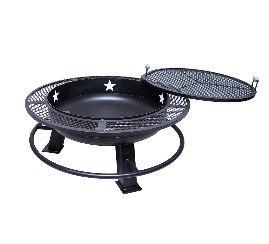 Old Country BBQ Pits 36-inch Fire Pit in black stainless steel.